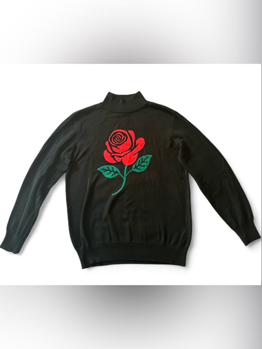 Men's Black Turtleneck Sweater with Red Rose Intarsia